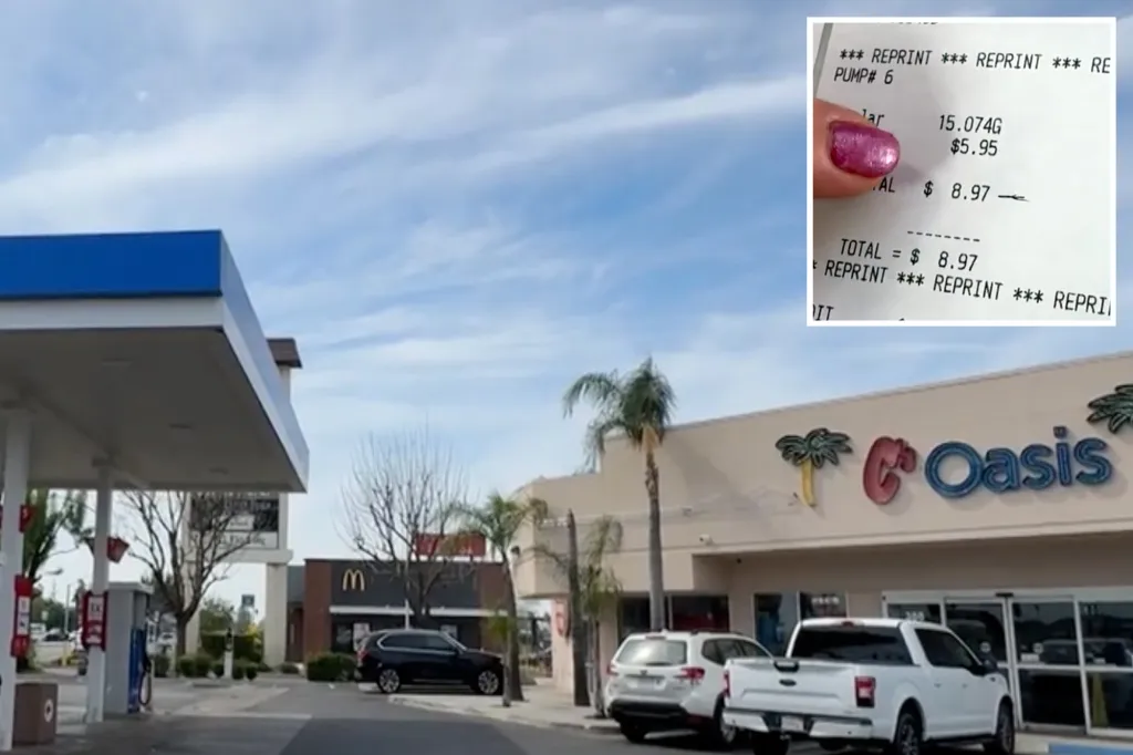 Collage of a gas station and a receipt showing a gas purchase of $8.97.