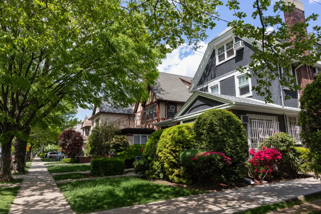 Row of beautiful neighborhood homes in Midwood, Brooklyn, New York City.