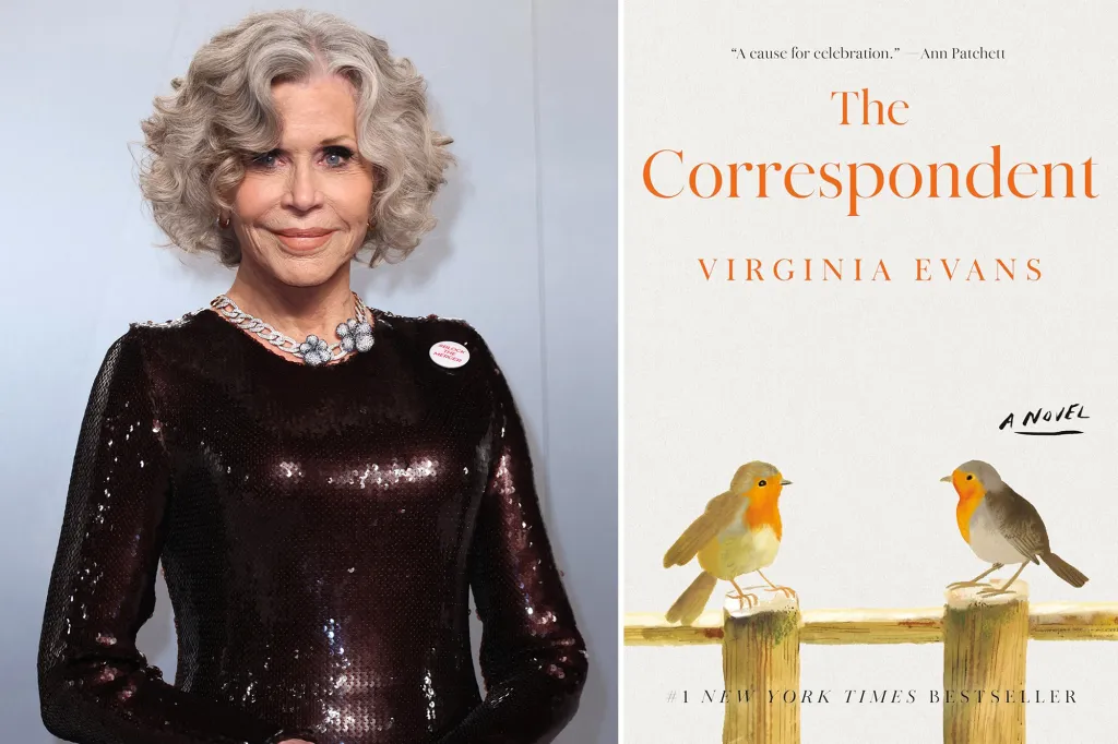 Collage of Jane Fonda wearing a sequined top and a book cover for