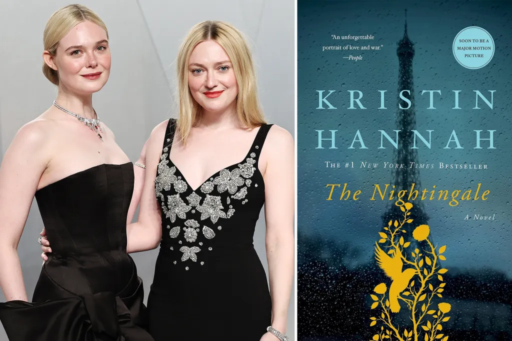 Collage of a photo of Dakota and Elle Fanning, and the book cover for