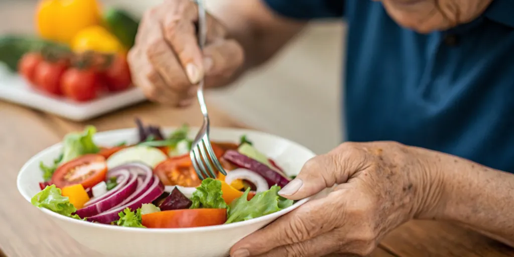 An elderly person eating a fresh vegetable salad with a fork.