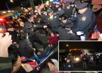 Hundreds of protesters swarm proposed NYC men’s homeless shelter site, physically block construction truck