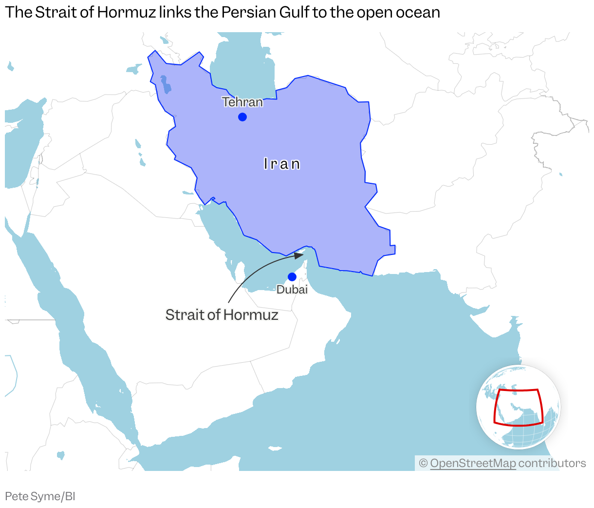 A map of the Middle East, showing the Strait of Hormuz in the Persian Gulf, with Iran highlighted and markers on Dubai and Tehran. 