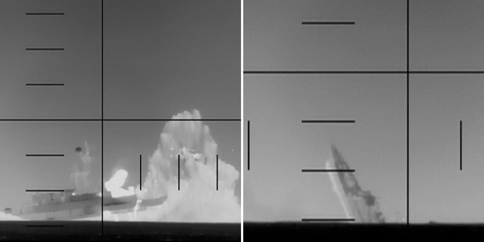 A split image showing a US Navy submarine torpedoing an Iranian warship.