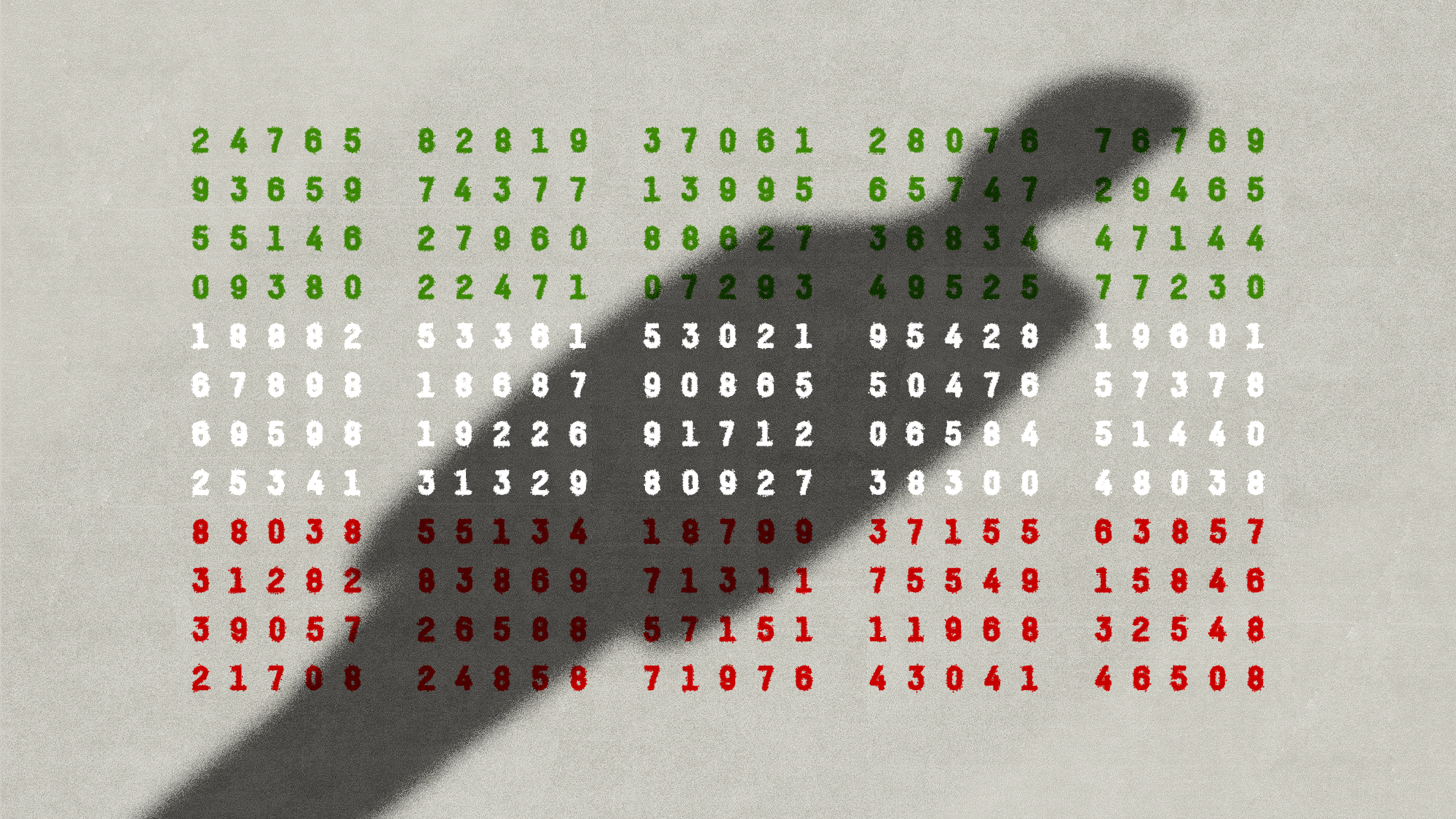 A man's shadow falls over boxes of numbers that are color-coded to look like the Iranian flag, in green, white, and red