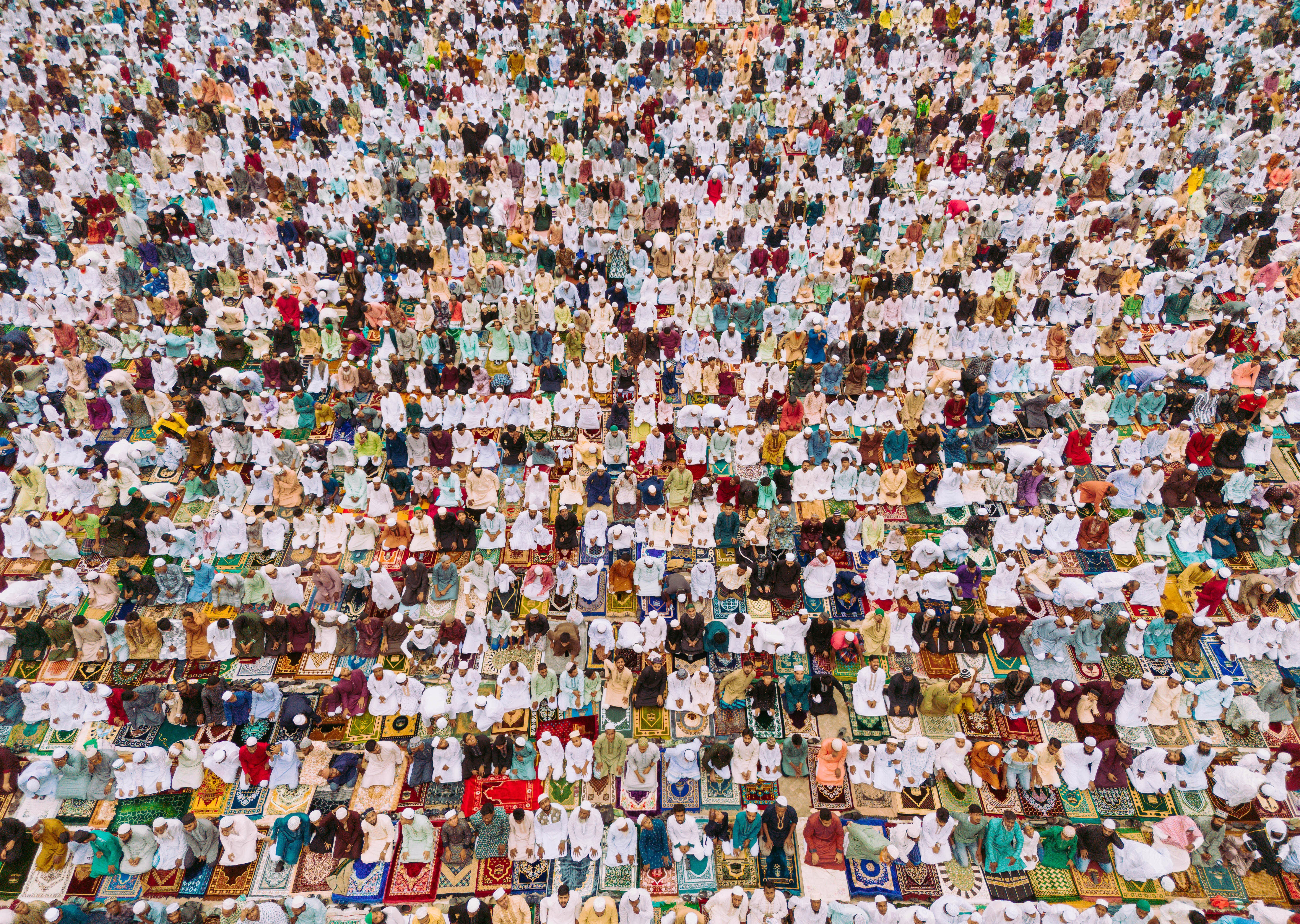 An overhead view of hundreds of Muslims kneeling in prayer.