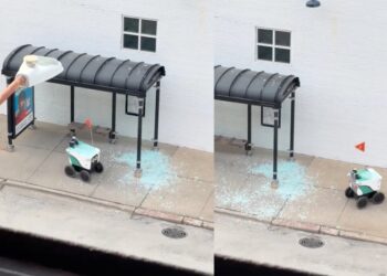 Delivery Robot Allegedly Smashes Through Bus Stop Window, Keeps Driving Covered in Broken Glass