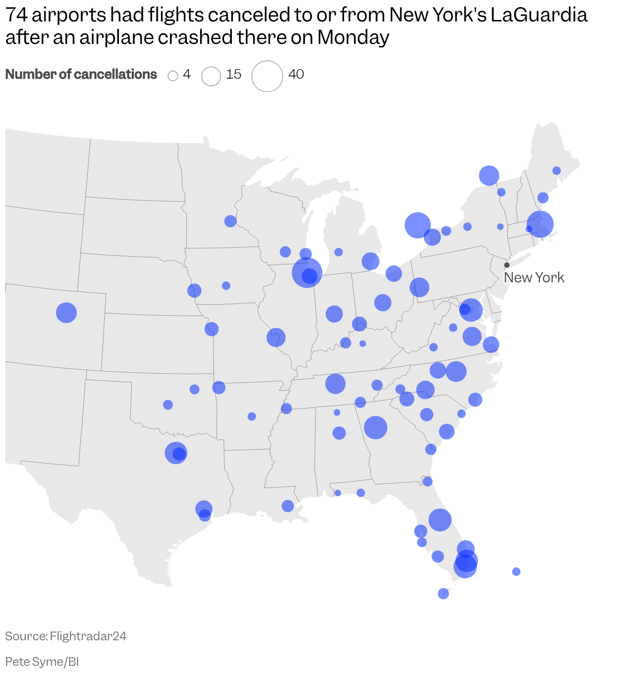 A map of the eastern US and Canada shows 74 airports where at least one flight to or from LaGuardia was canceled on Monday 23 March 2026.