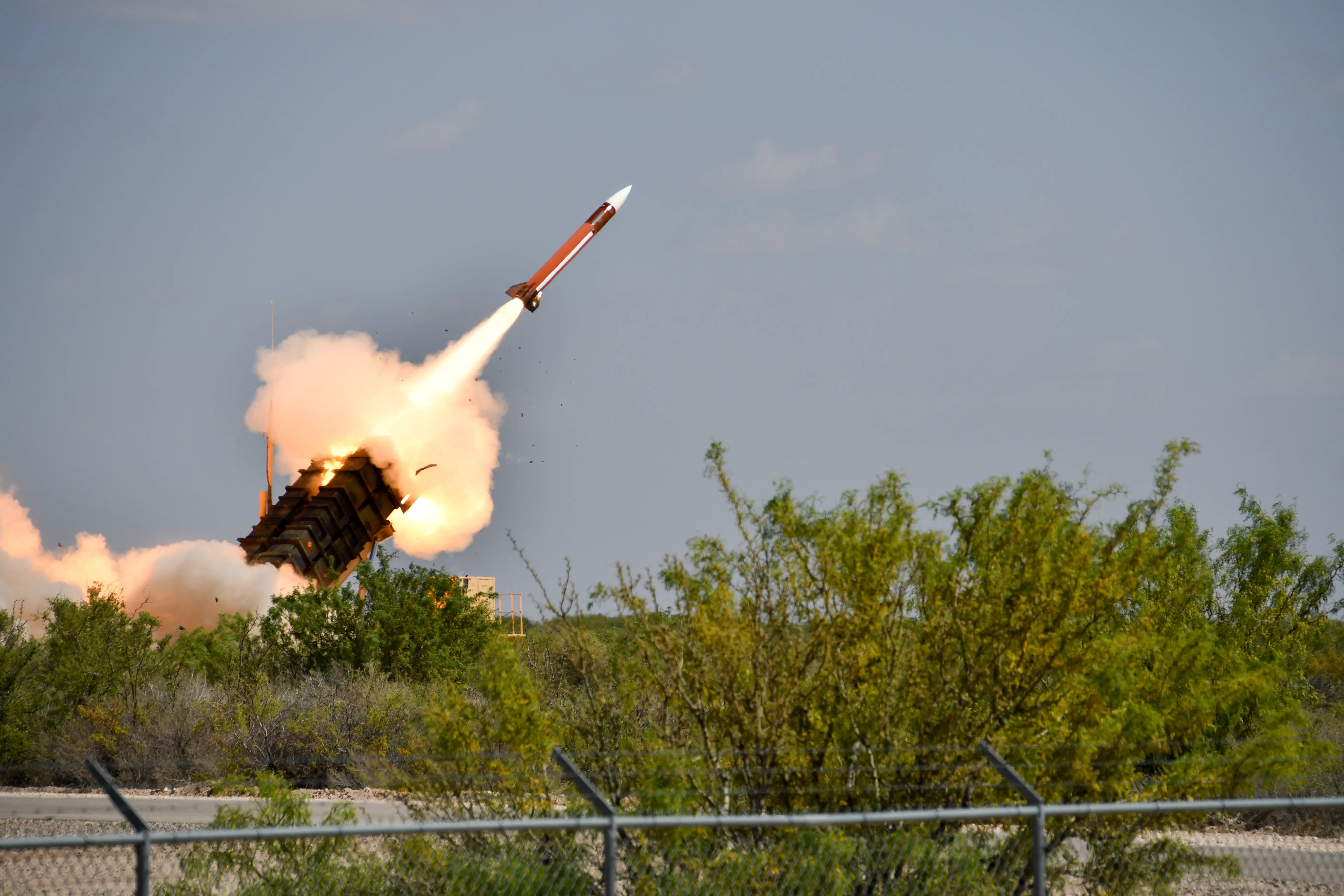 A MIM-104 Patriot Surface-to-Air Missile System assigned to the 11th Air Defense Artillery Brigade fires during a joint live-fire exercise with military members from the Royal Netherlands Ground-based Air Defense Command at McGregor Range, N.M., May 11, 2024.