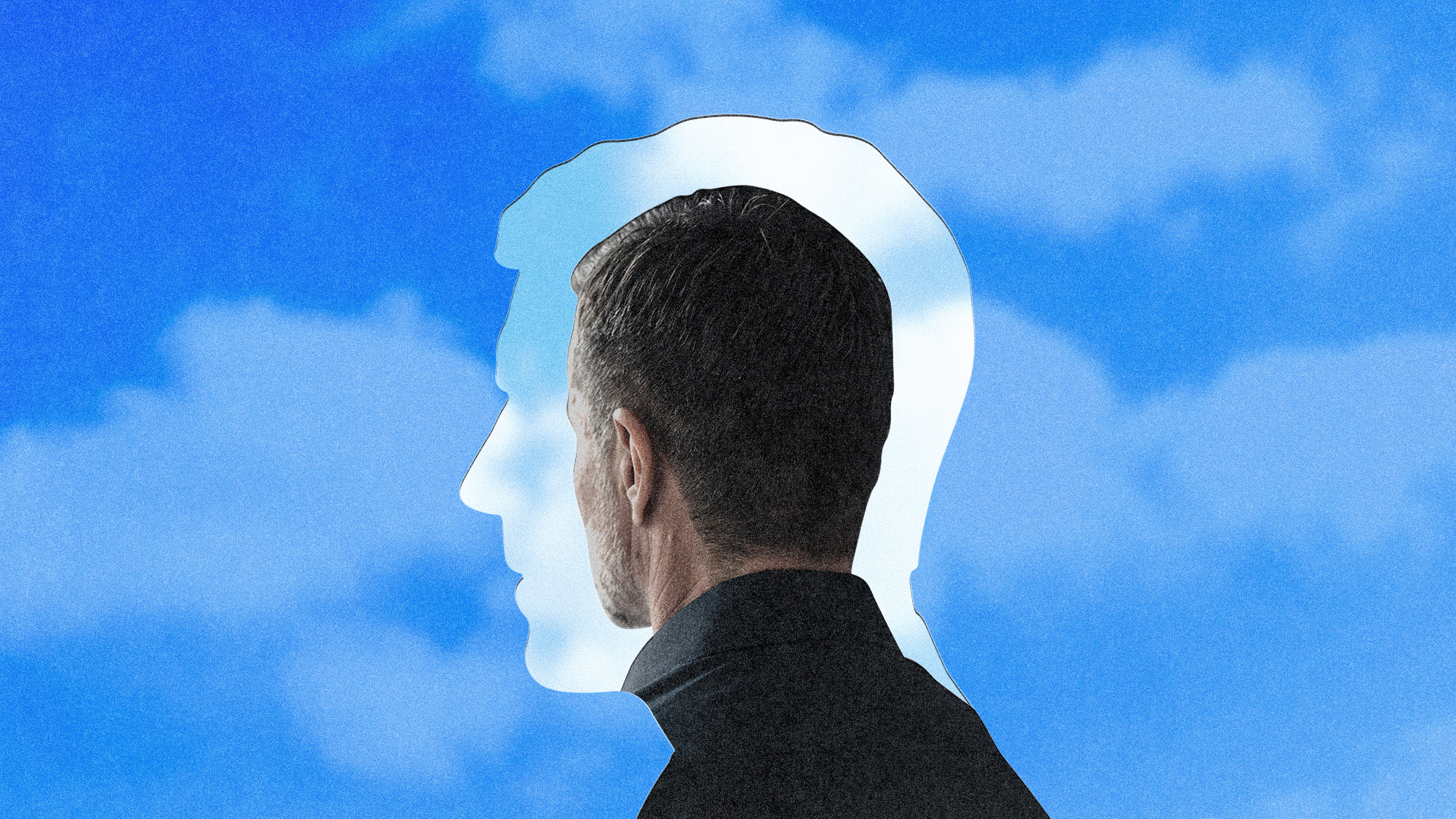 A photo-illustration of a man turned away from a silhouette of his head