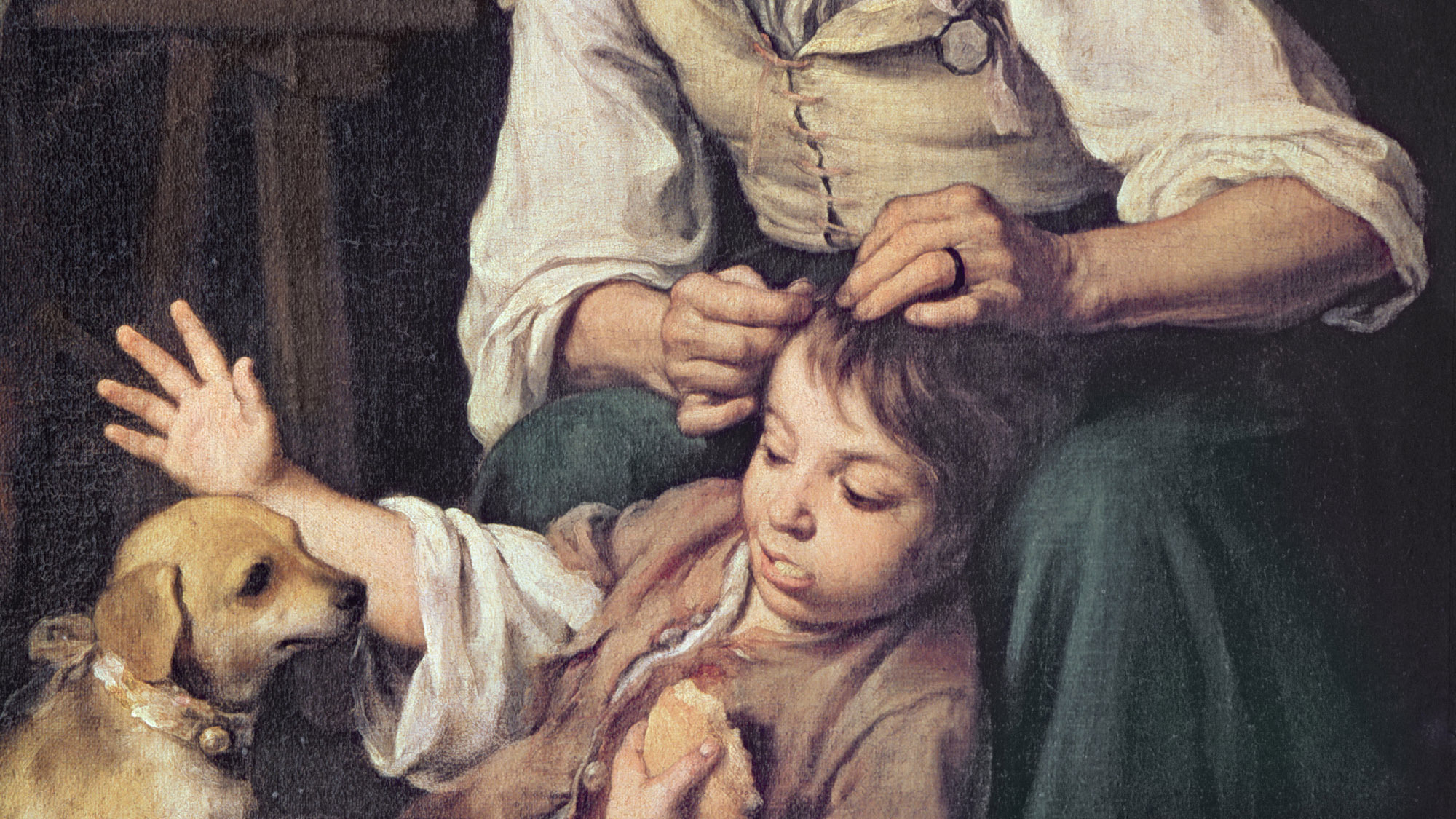 a kid gets his head checked for lice in the 1670s