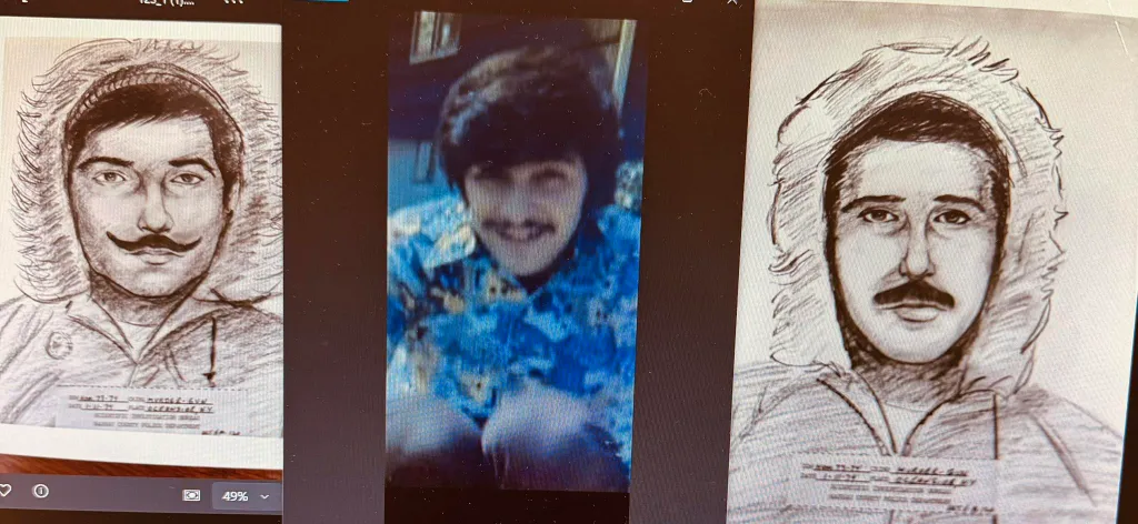 Collage of two police sketches of a man with a mustache and a photo of a man in a patterned shirt.