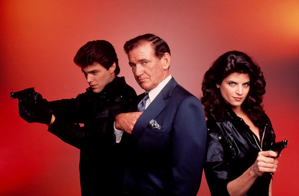 Cast shot of Greg Evigan, Rod Taylor, and Kirstie Alley in 