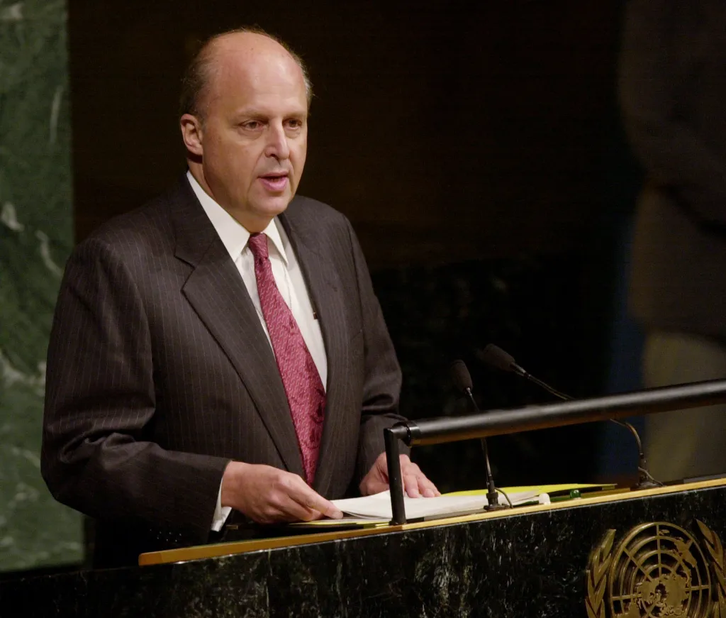 John Negroponte addresses the UN General Assembly on Oct. 1, 2001.