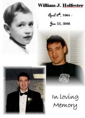 Collage of three photos of William J. Holfester at different ages, with text 