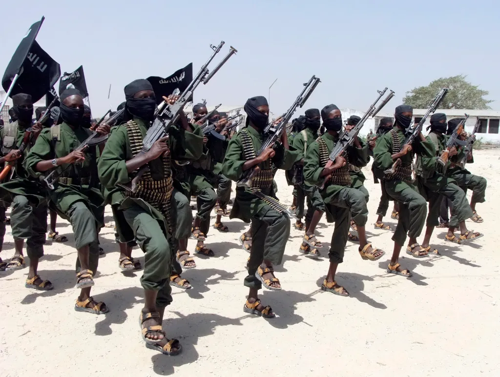 Shabab fighters perform military exercises in Somalia.