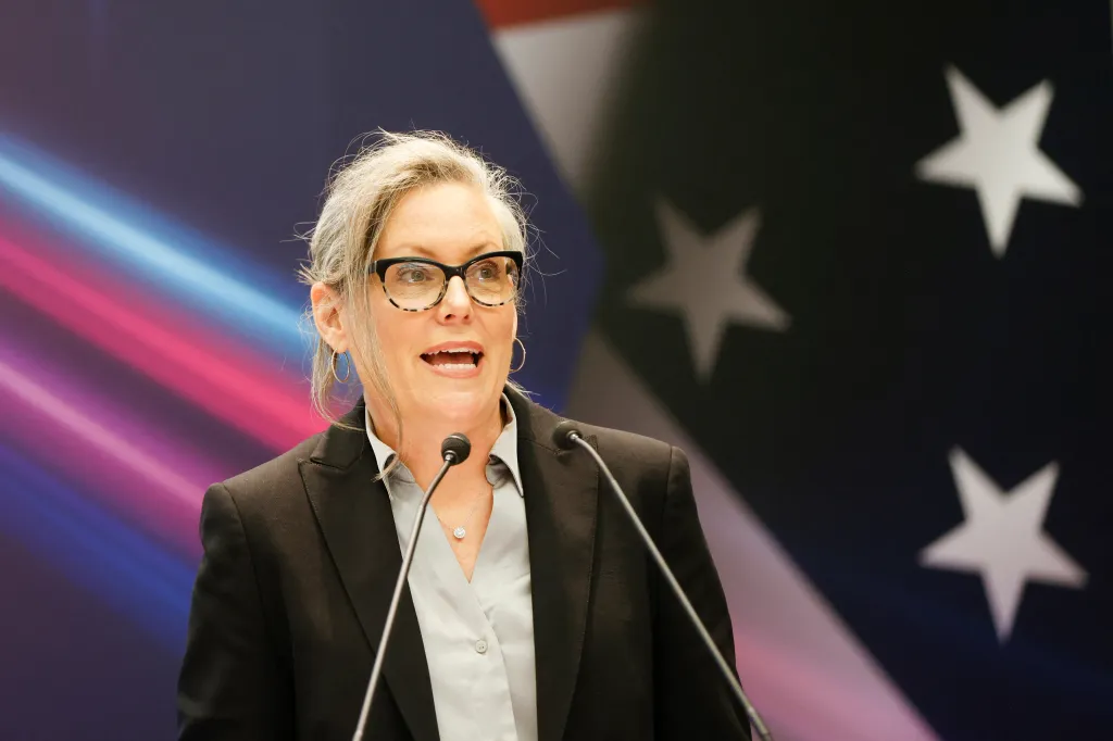 Arizona Gov. Katie Hobbs speaks at an event in Taipei, Taiwan, on Sept. 19, 2023.