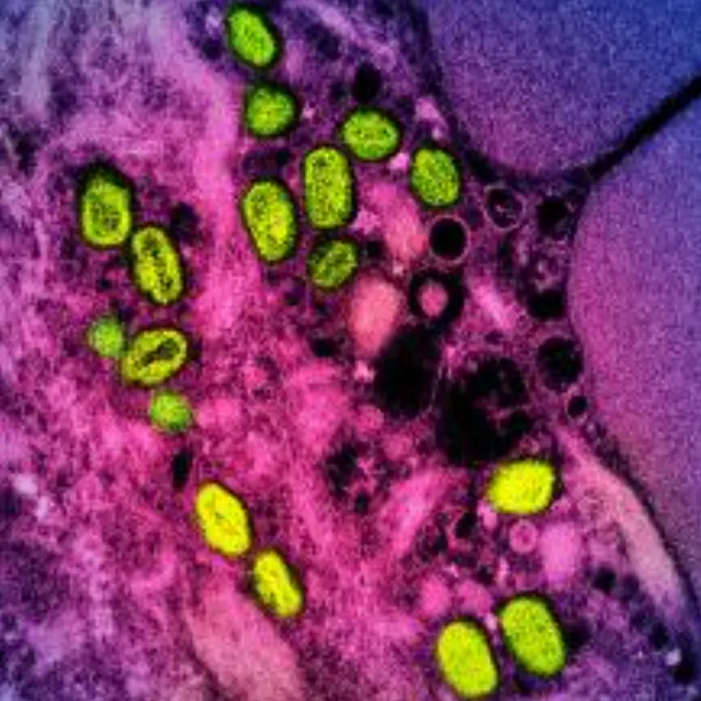 Colorized transmission electron micrograph of green monkeypox particles within a pink and purple infected cell.