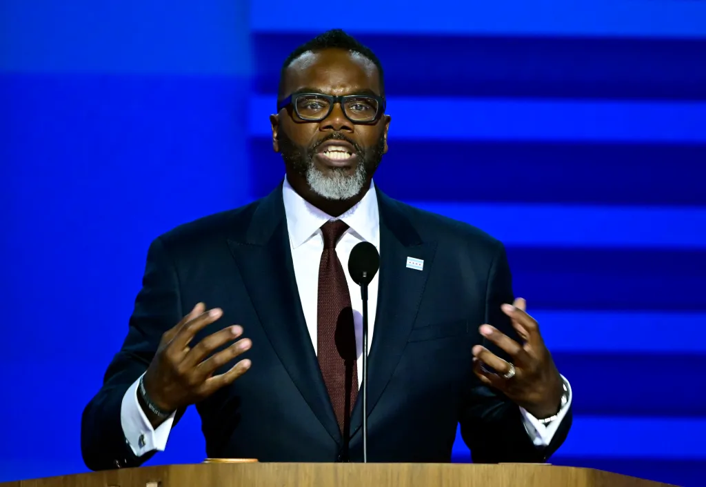 Chicago Mayor Brandon Johnson speaking at the 2024 Democratic National Convention.