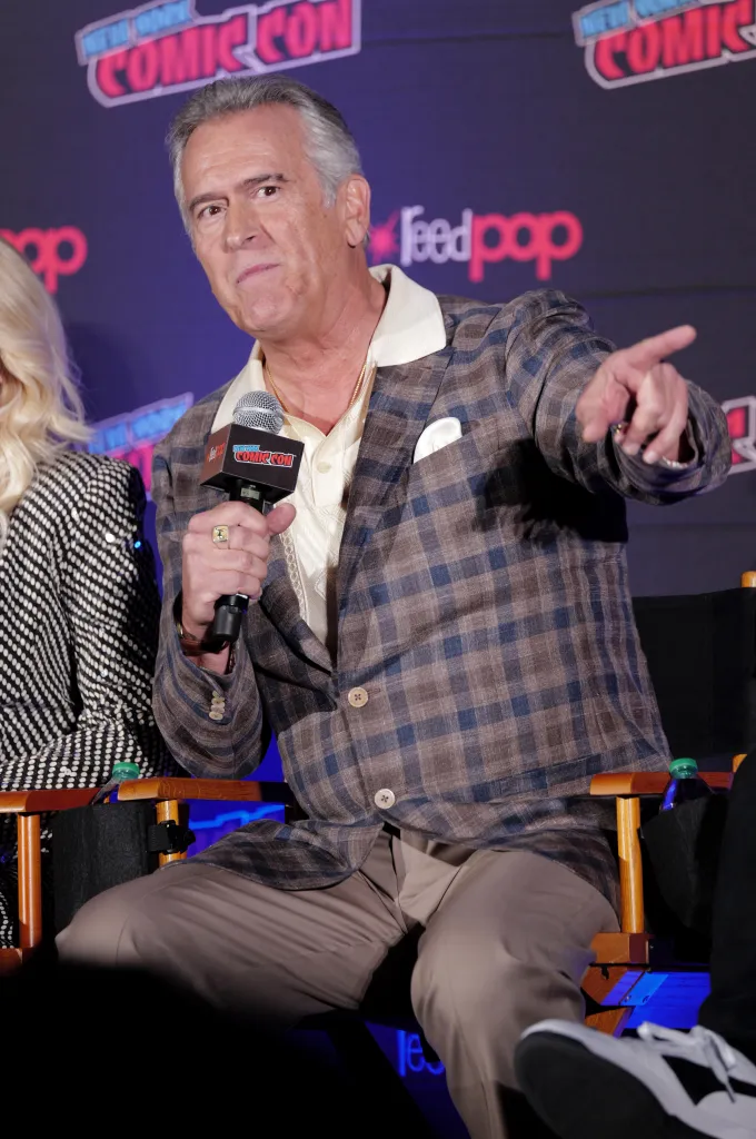 Bruce Campbell speaking at the Hysteria! panel during New York Comic Con 2024.