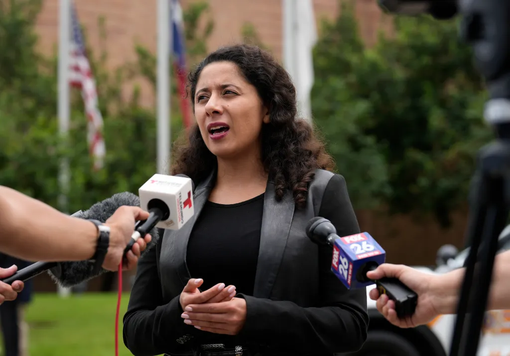 Lina Hidalgo speaking to reporters.