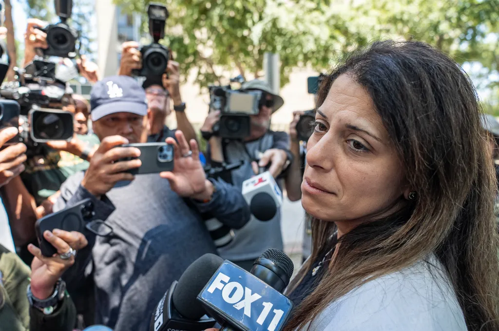 Nancy Iskander speaks to reporters outside Van Nuys Courthouse after the sentencing of Rebecca Grossman.