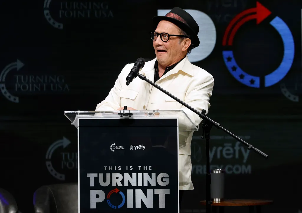 Comedian Rob Schneider speaking at a Turning Point USA event at UC Berkeley.