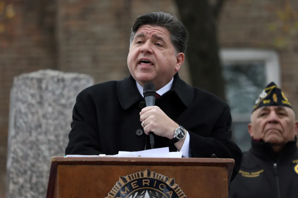 Illinois Gov. JB Pritzker delivers a speech during a Veterans Day ceremony.