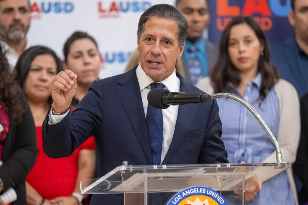 LAUSD Superintendent Alberto M. Carvalho speaks at a press conference, affirming a commitment to school safety for all students and families amid immigration enforcement.