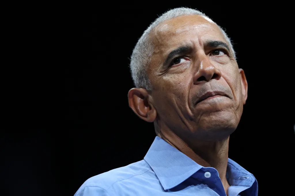Former President Barack Obama, looking up while speaking at a campaign rally in Norfolk, Virginia.