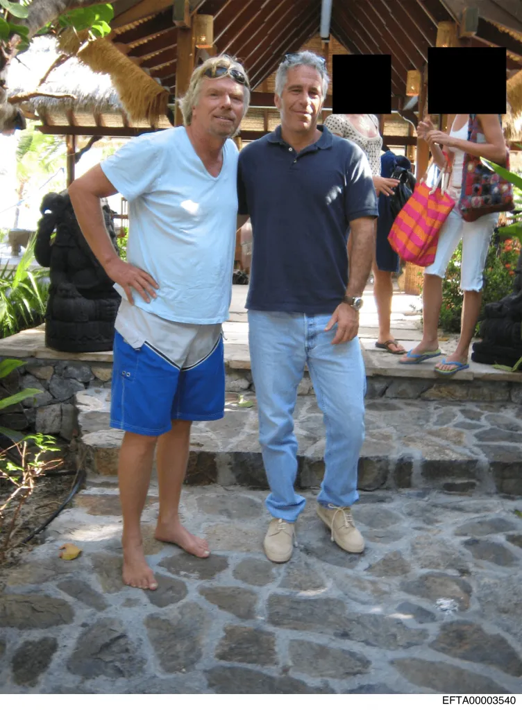 Jeffrey Epstein and Richard Branson pose for a photo with two women in the background whose faces are redacted.