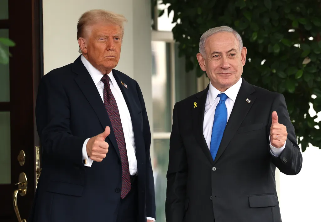 President Donald Trump greets Israeli Prime Minister Benjamin Netanyahu at the White House on Sept. 29, 2025.