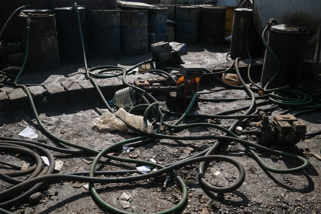 Fuel pumps and hoses at an oil stock market in Erbil, Iraq.