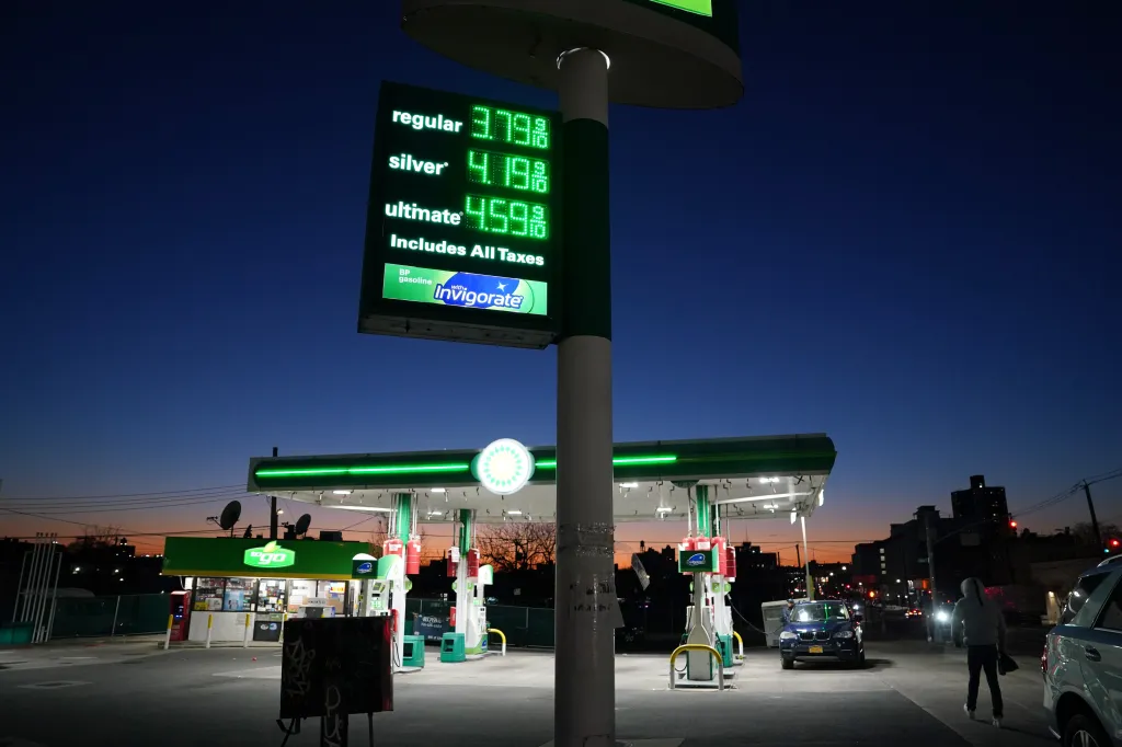 A BP gas station sign shows 