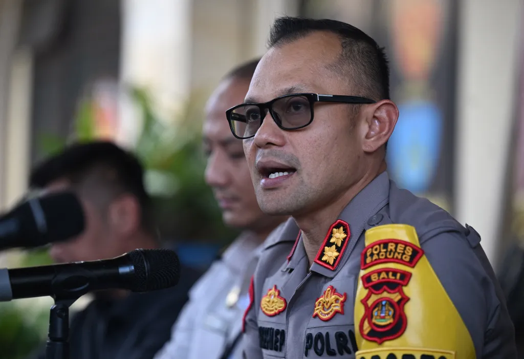 Badung Police Chief Joseph Edward Purba speaking at a press conference.