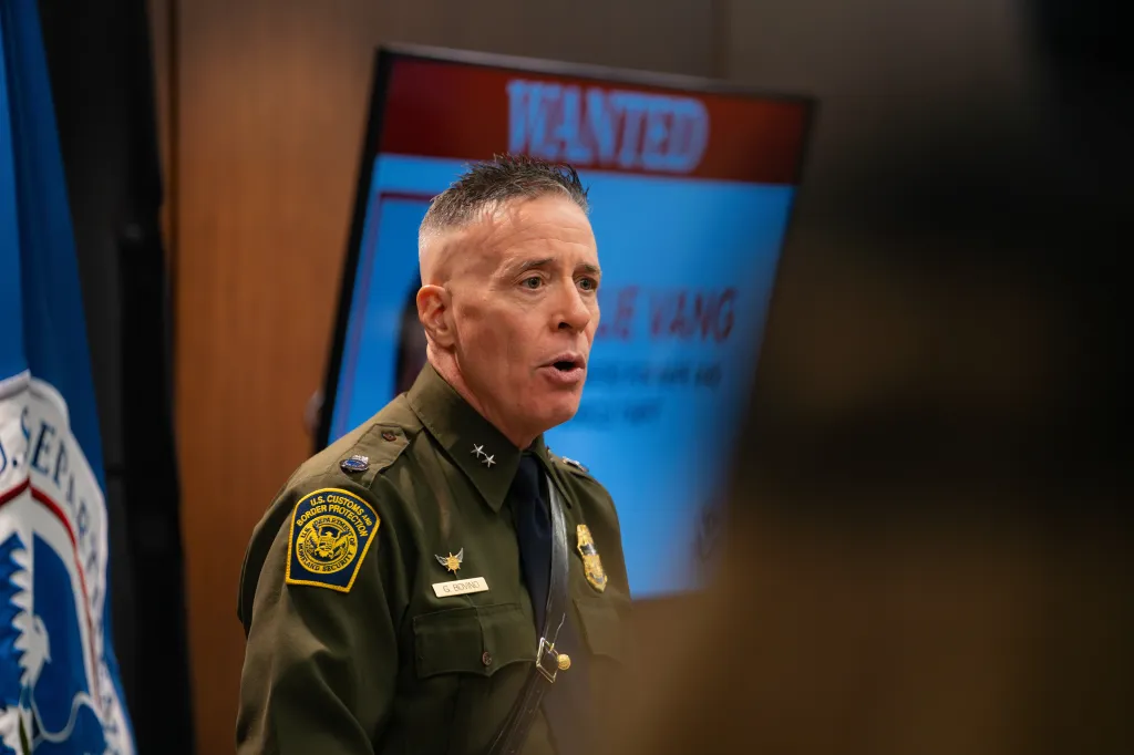 Border Patrol Chief Gregory Bovino speaking at a news conference.
