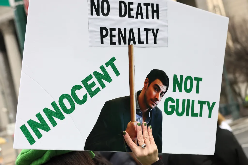 A protest sign with a photo of Luigi Mangione, green text reading