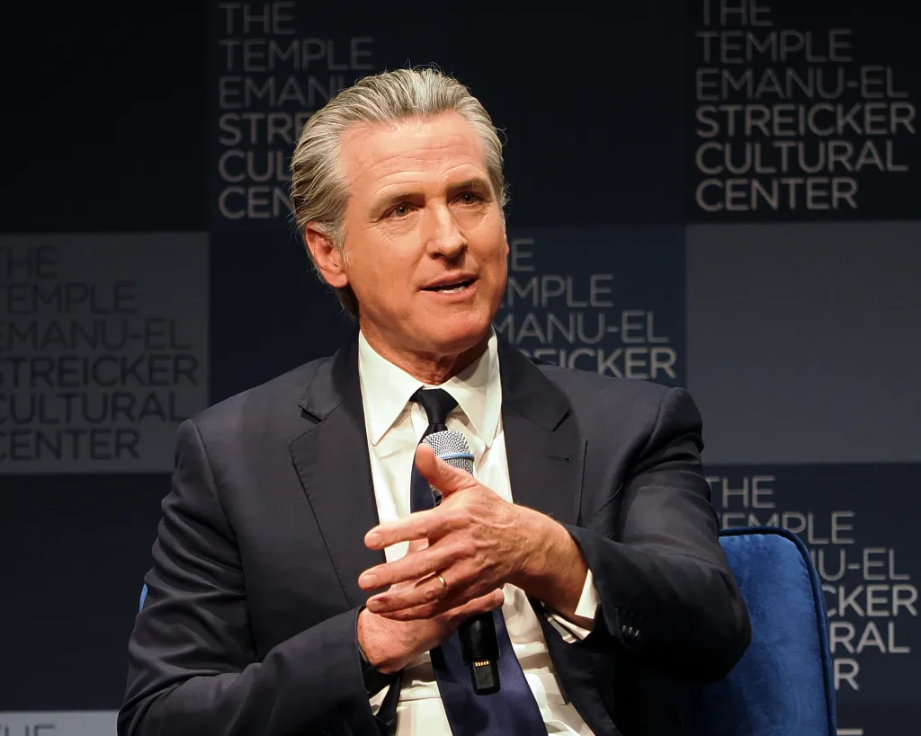 California Governor Gavin Newsom speaking at Temple Emanu-El for his book tour.