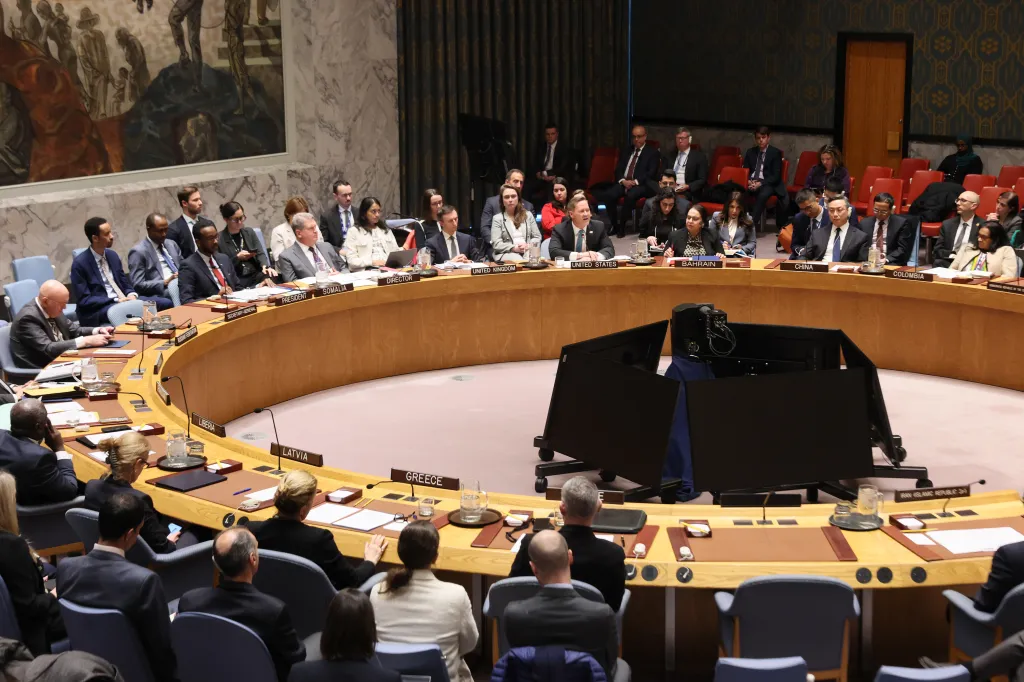 Members of the United Nations Security Council, including Mike Waltz from the U.S., during a meeting on the situation in Iran.