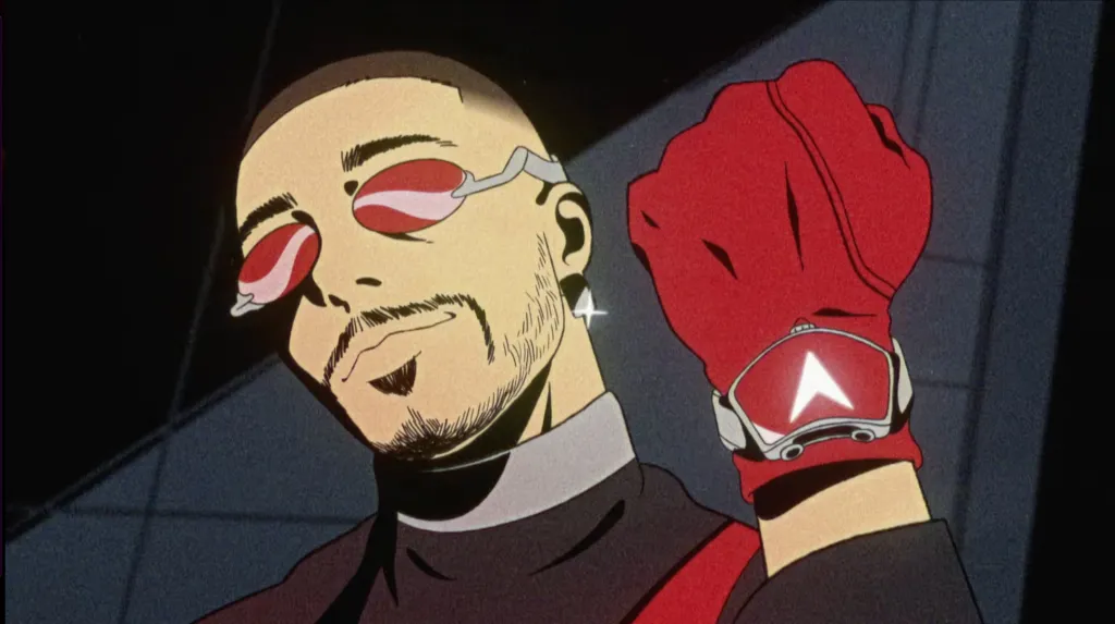 Illustration of J Balvin with red-striped sunglasses and a red glove with a glowing arrow symbol.