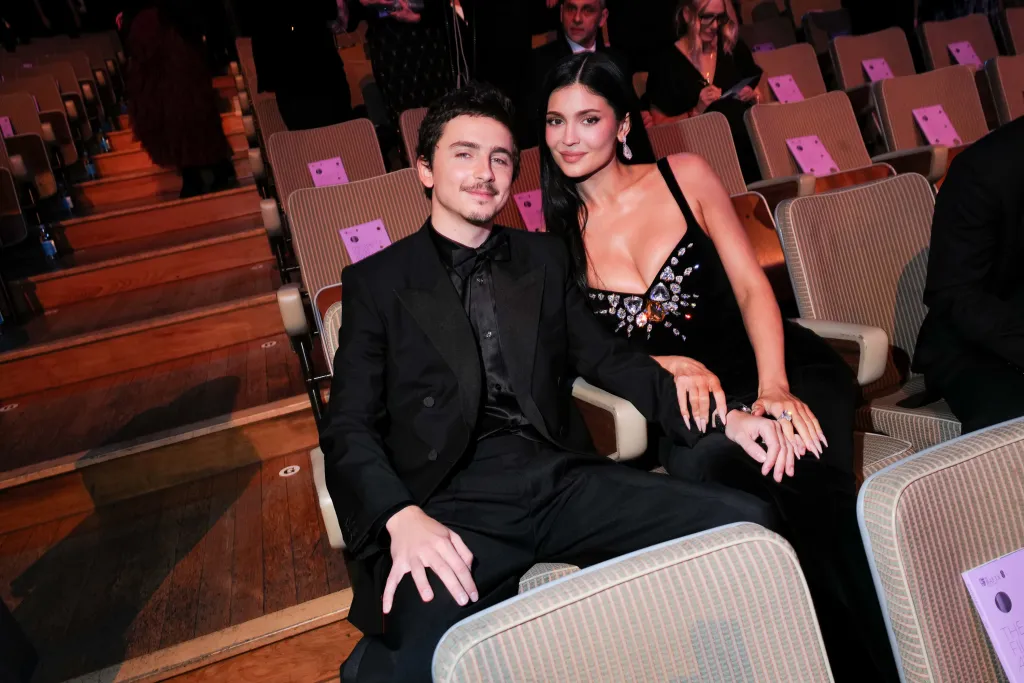 Timothée Chalamet and Kylie Jenner seated together at the EE BAFTA Film Awards 2026.