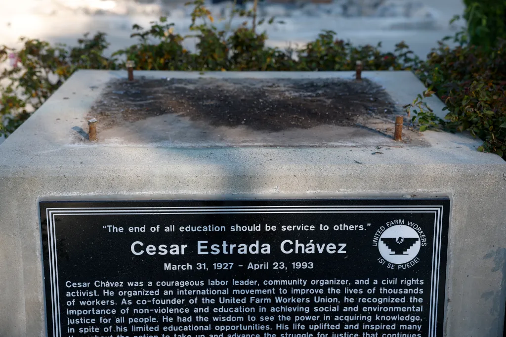 A view of the pedestal that once held a statue of labor leader and civil rights activist Cesar Chavez a day after the statue was removed from Cesar E. Chavez Memorial Park.