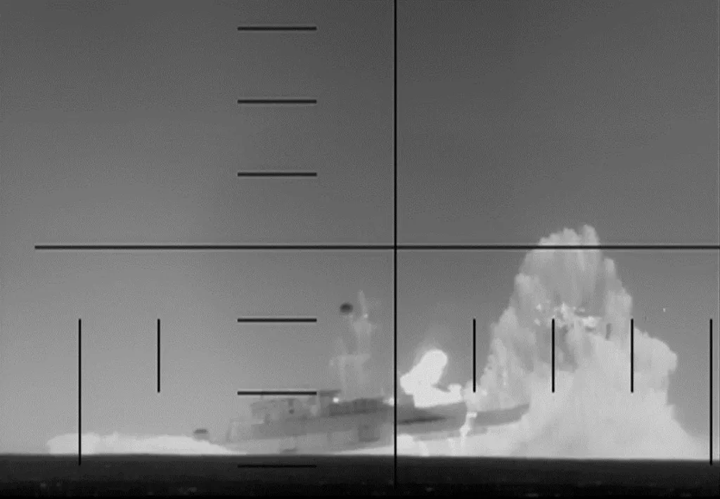 Periscope footage showing a US Navy submarine firing on and sinking an Iranian warship.