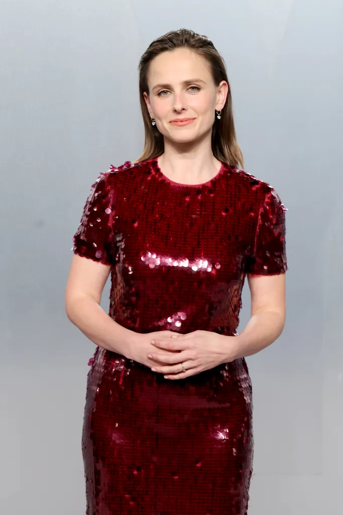 Pauline Chalamet in a shimmering red sequined dress.