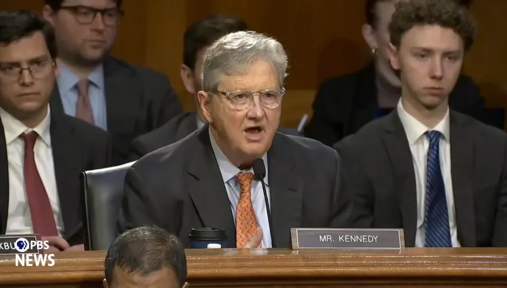 Sen. John Kennedy grills DHS Secretary Kristi Noem on Capitol Hill on March 3, 2026.