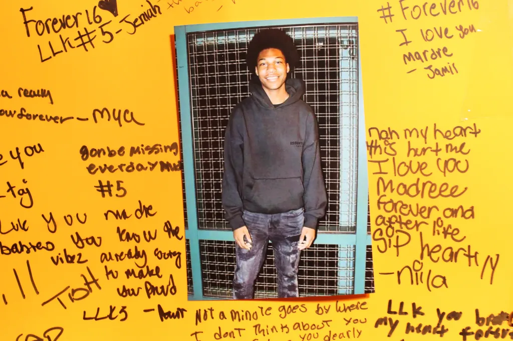A poster of tributes for Ka’Mardre Coleman is displayed at his Brooklyn home during a vigil for the slain teen on March 25, 2026.