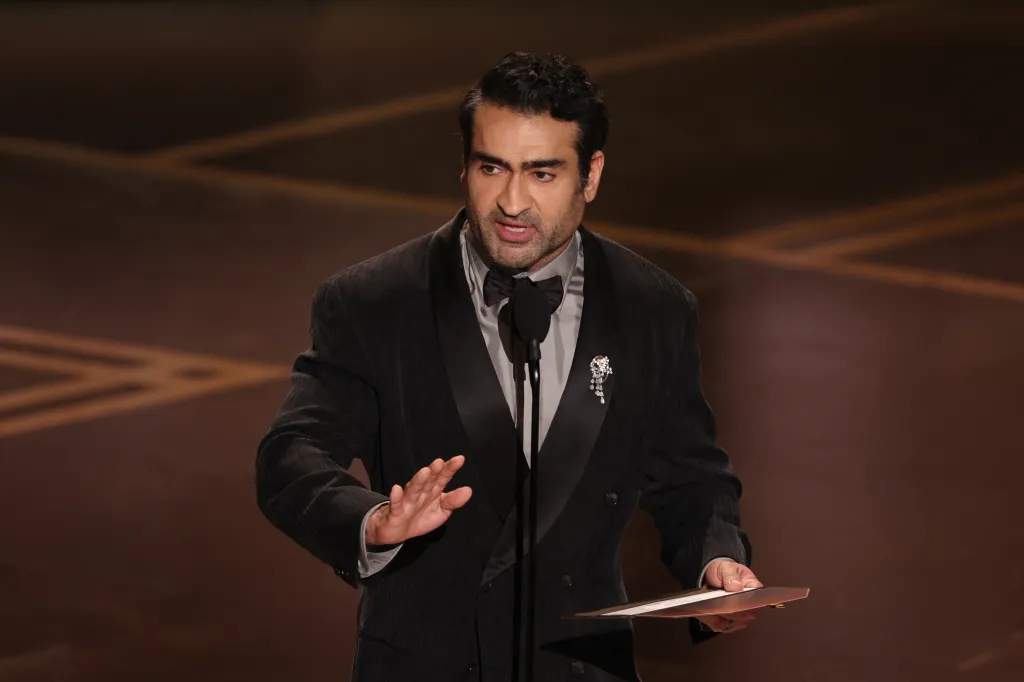 Kumail Nanjiani speaking at the Oscars.