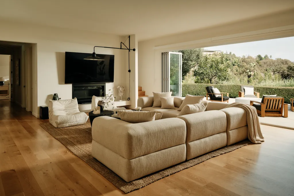 The home's neutral color theme is in full view