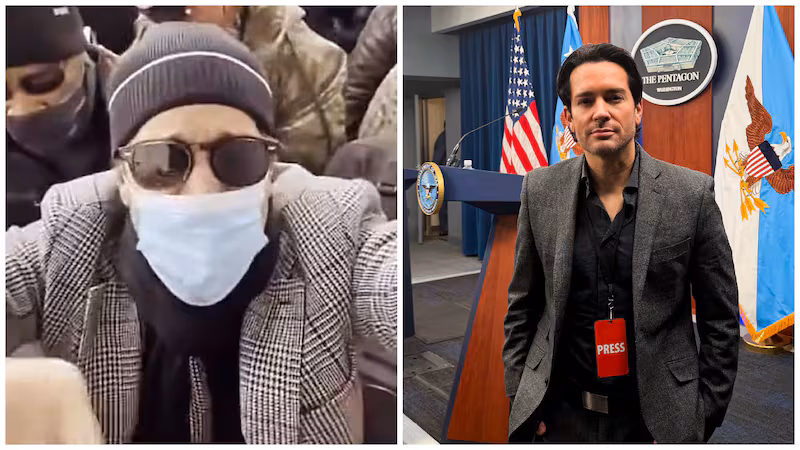 Brandon Straka during the Capitol riot (L) and at the Pentagon for Hegseth's Iran briefing (R).