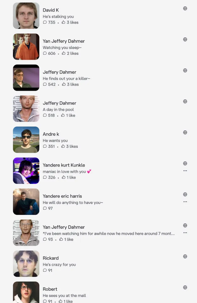 A screenshot of a Character.AI creator profile full of chatbots designed to embody real mass murderers, particularly young school shooters.